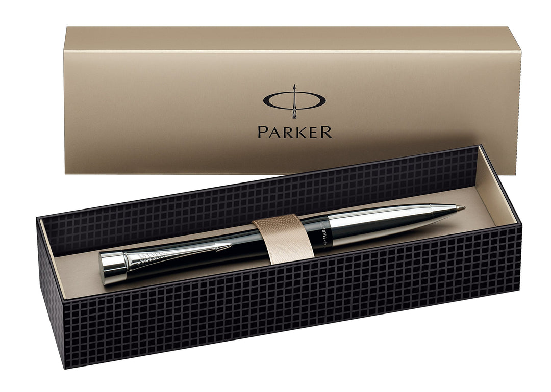 Parker S0767130 Urban-Kugelschreiber (London Cab-schwarz mit Chromverzierungen, blaue Tinte) Geschen
