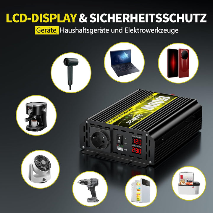 SUDOKEJI Spannungswandler 1500W/3000W Reiner Sinus Wechselrichter 12V auf 230V EU-Steckdose mit LCD