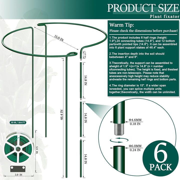 6er-Pack 117,6 cm Pflanzenstützpfähle, Stahl-Pflanzkäfig & Pfingstrosen-Tomaten-Hortensienkäfig, Gar
