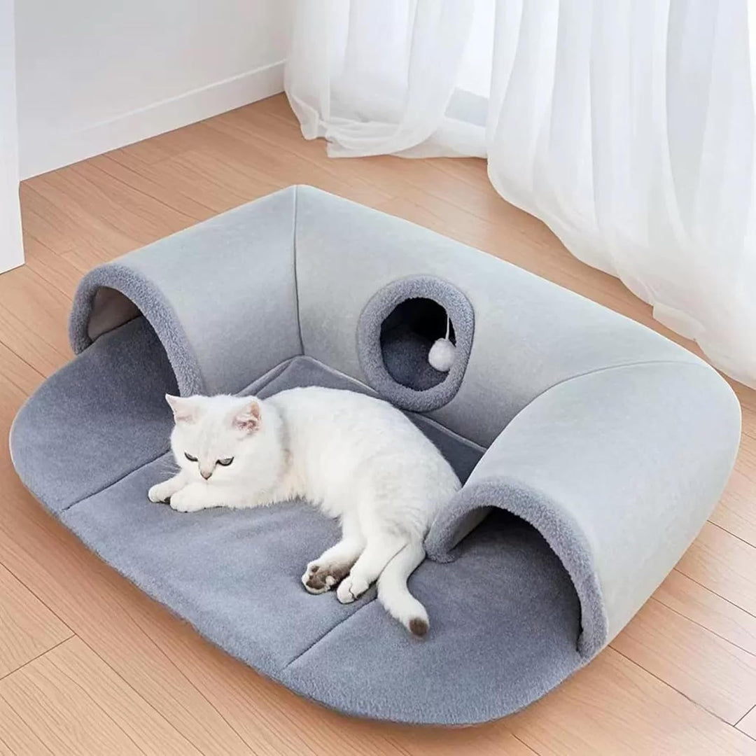 U-förmiger Katzentunnel, Katzenbett mit Spielrohr, waschbares und abnehmbares Versteckspielzeug, int