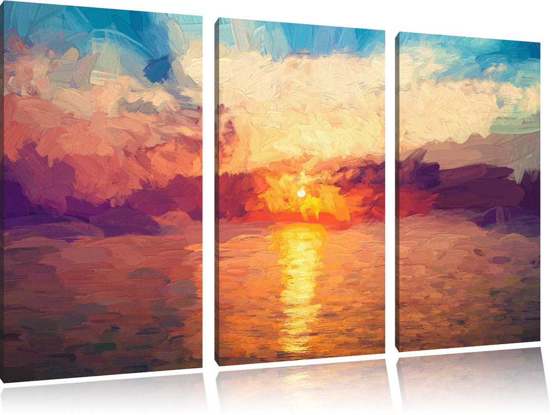 Pixxprint Sonnenaufgang am Meer Pinsel Effekt 3-Teiler Leinwandbild 120x80 Bild auf Leinwand