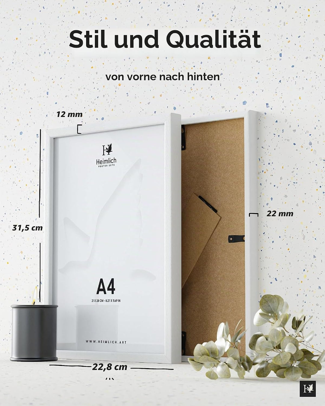 Heimlich® 2 x Bilderrahmen DIN A4 21x30 cm Weiss Holz Rahmen 2-Pack | Dokumentenrahmen 21x29,7 cm Kl