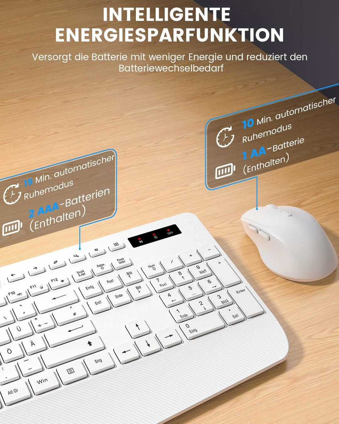 Tastatur Maus Set kabellos, 2.4G keine Latenz Ergonomische Tastatur kabellos Set, Handballenauflage,