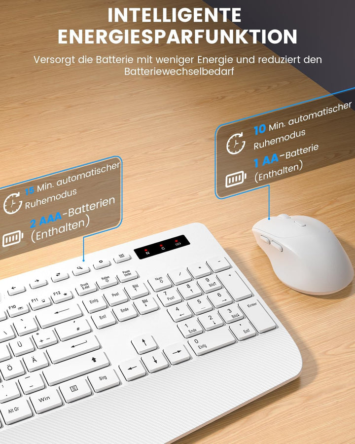 Tastatur Maus Set kabellos, 2.4G keine Latenz Ergonomische Tastatur kabellos Set, Handballenauflage,