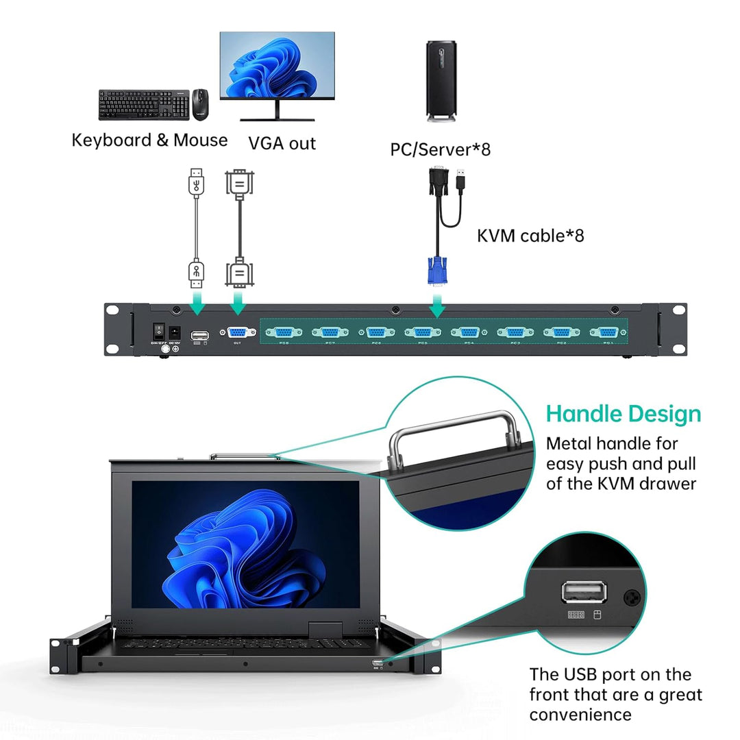 MT-VIKI 15,6'' LCD Monitor KVM Konsole VGA Integrierte Konsole 8 Port für 1U 600-800mm Server-Schran