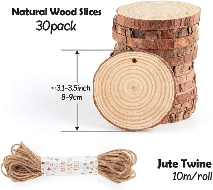 ilauke Holzscheiben 30 Stücke Holz Log Scheiben 8-9cm mit Loch und 10 mt Jute Seil Naturholzscheiben