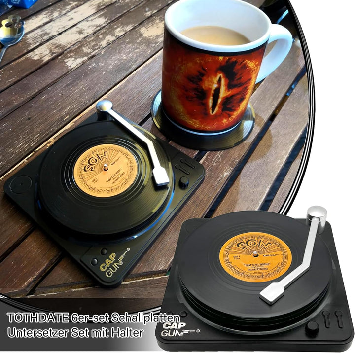 6er-Set Schallplatten Untersetzer Set mit Halter, Rund Vinyl Untersetzer rutschfeste Getränke Unters