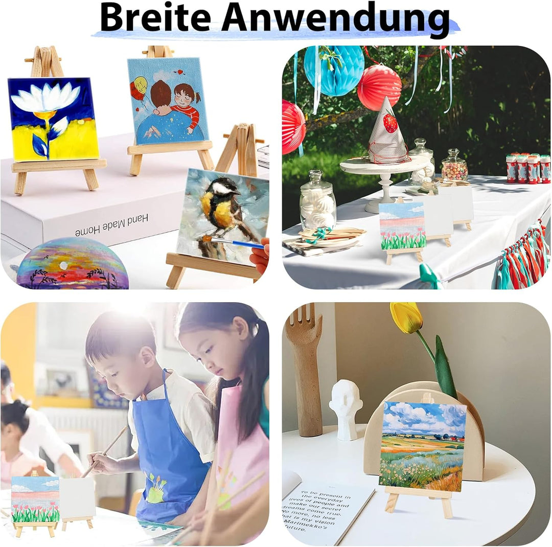 DONQL 50 Stück Mini Leinwand mit Staffelei Set, Kleine Leinwände mit einstellbare Mini Staffelei, mi