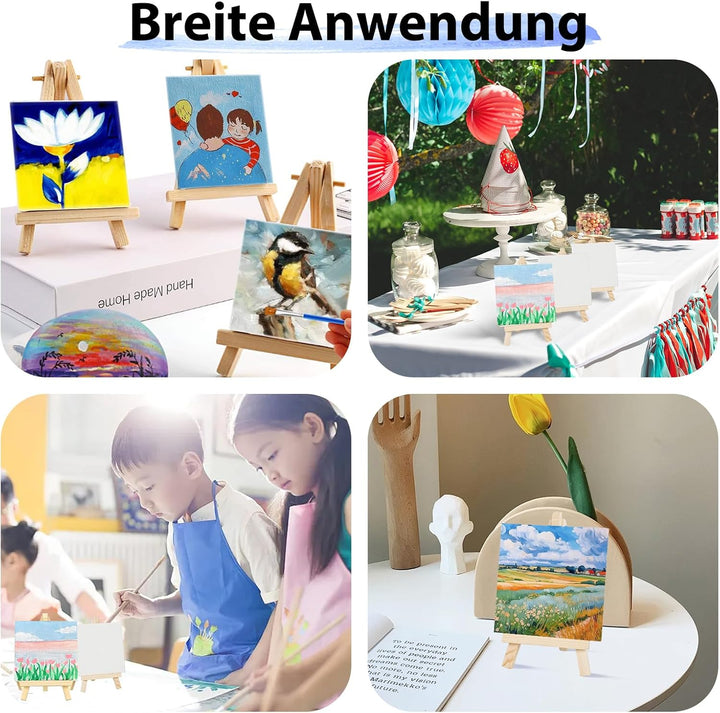 DONQL 50 Stück Mini Leinwand mit Staffelei Set, Kleine Leinwände mit einstellbare Mini Staffelei, mi