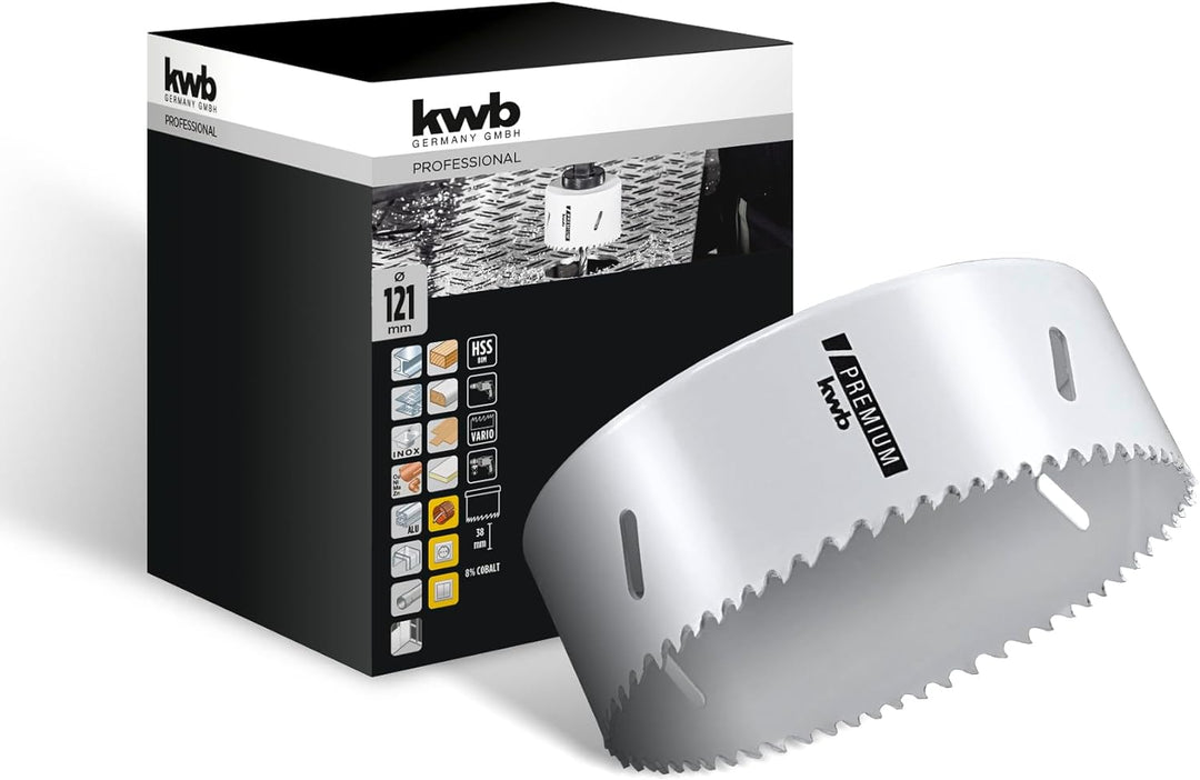 kwb HSS Bi-Metall-Lochsäge Ø 121 mm, 8% kobaltlegiert mit progressiver Vario-Zahnung und hoher Präzi
