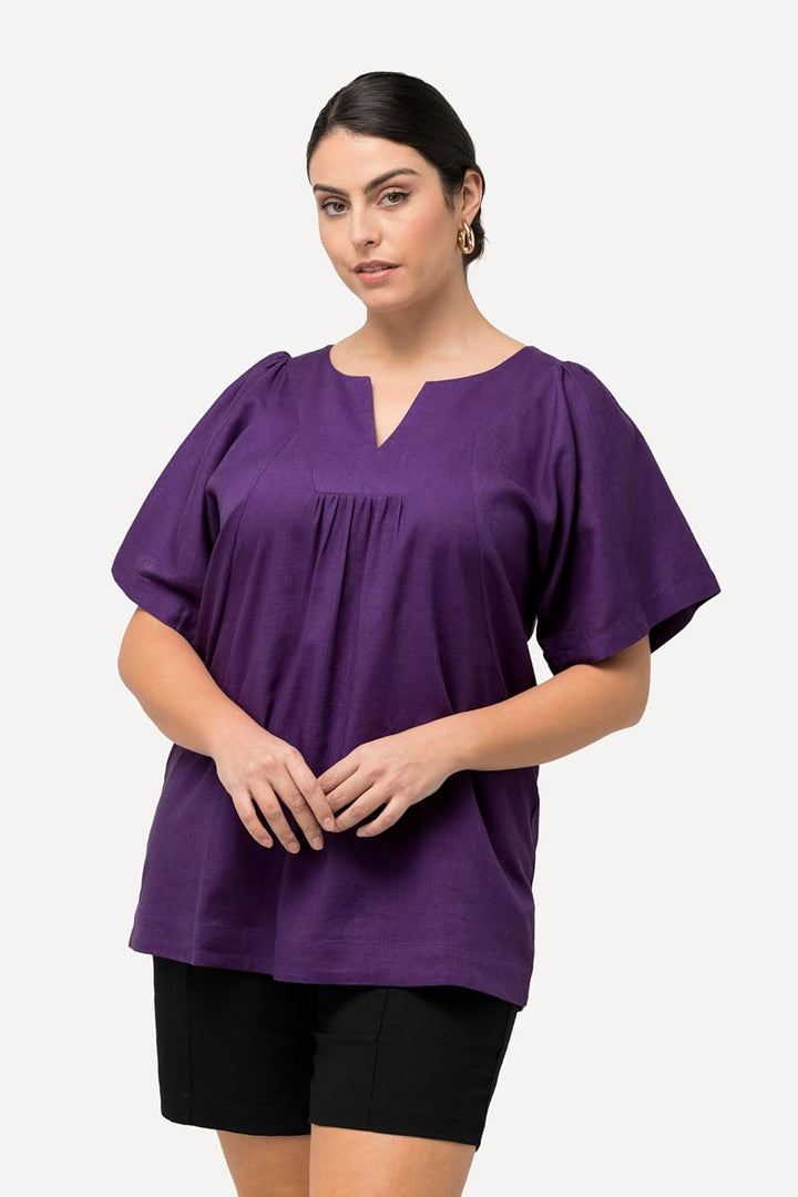 Ulla Popken Damen, Leinenmix, A-Linie, Tunika-Ausschnitt, Halbarm Bluse 46-48 Lila, 46-48 Lila