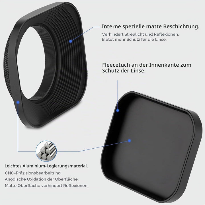 Haoge 43mm Metall Rechteckig Einschrauben Sonnenblende Gegenlichtblende mit Kappe für 43mm Canon Nik
