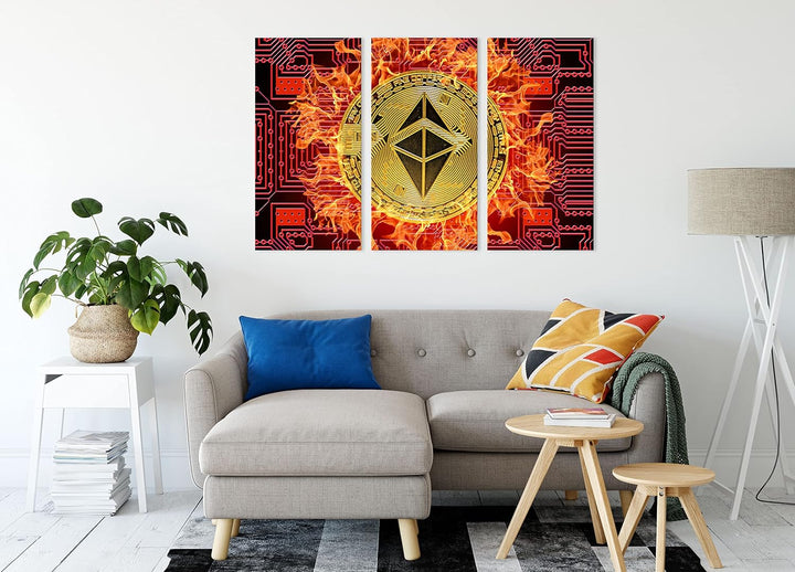 Bitcoin BTC mit Flammenals Leinwandbild 3 teilig | Grösse: 120x80 cm | Wandbild | Kunstdruck | ferti