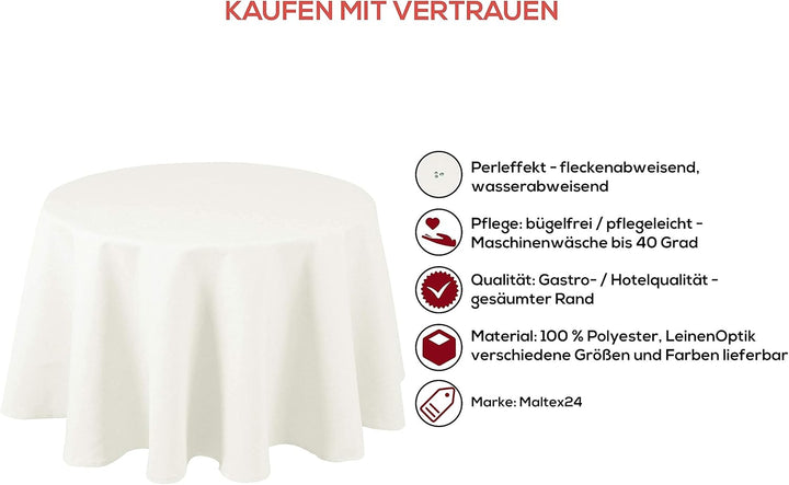 Textil Tischdecke - Leinen Optik - wasserabweisend Rund (Weiss, 180 cm) Weiss 180 cm, Weiss 180 cm