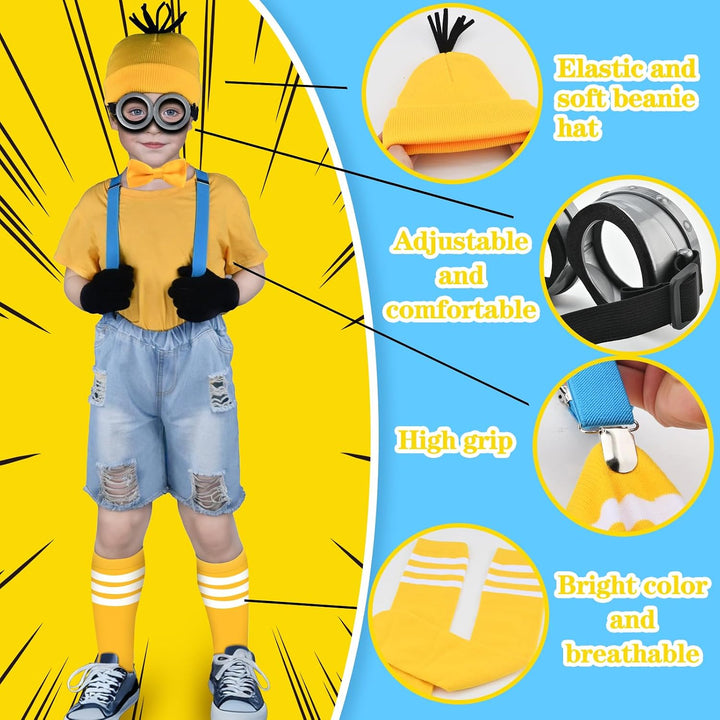 Gelbes Kostüm für Kinder, gelber Hut, gelbe Socken, schwarze Handschuhe, Y-Rücken, Hosenträger, gelb