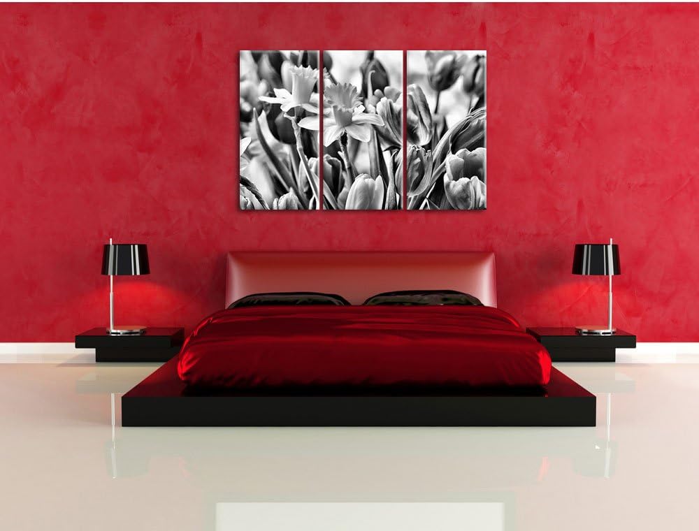 Pixxprint Osterglocken und Tulpen als Leinwandbild/Grösse: 3 Teilig (120x80) cm/Wandbild/Kunstdruck/