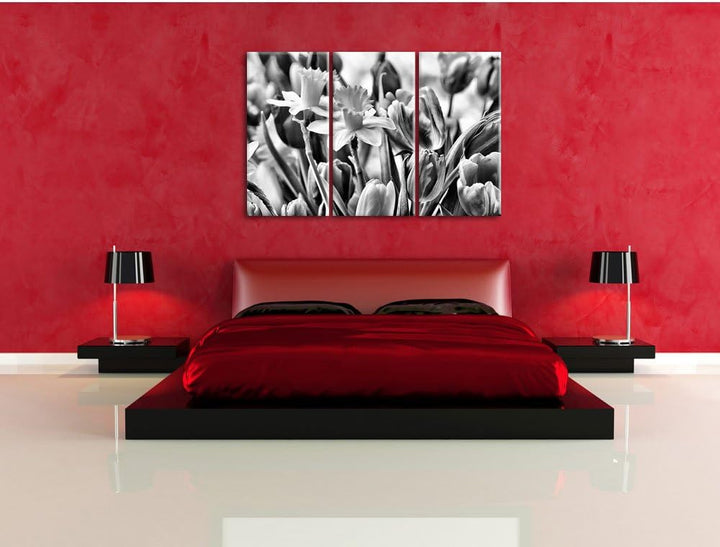 Pixxprint Osterglocken und Tulpen als Leinwandbild/Grösse: 3 Teilig (120x80) cm/Wandbild/Kunstdruck/