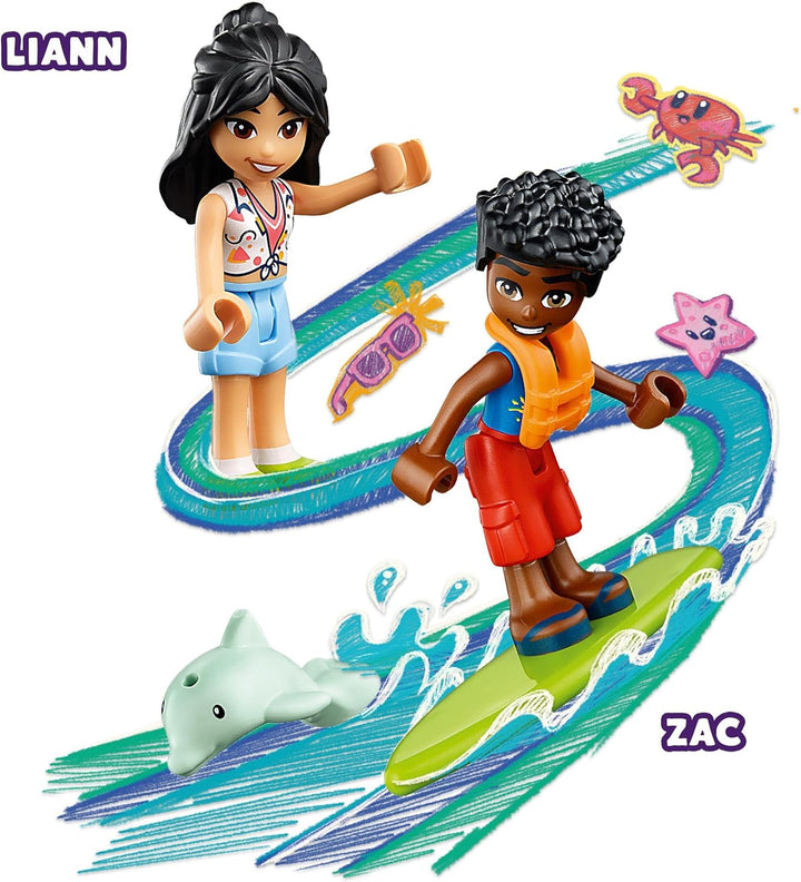 LEGO Friends Strandbuggy-Spass Set mit Spielzeug-Auto, Surfbrett, Mini-Puppen sowie Delfin- und Hund