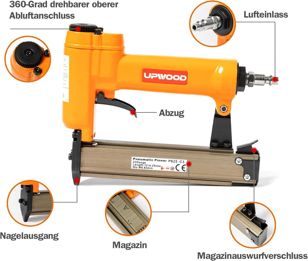 UPWOOD P625 Pneumatischer 23-Gauge Headless Pin Nailer, 1/2-Zoll bis 1-Zoll Schenkellänge Luftbetrie