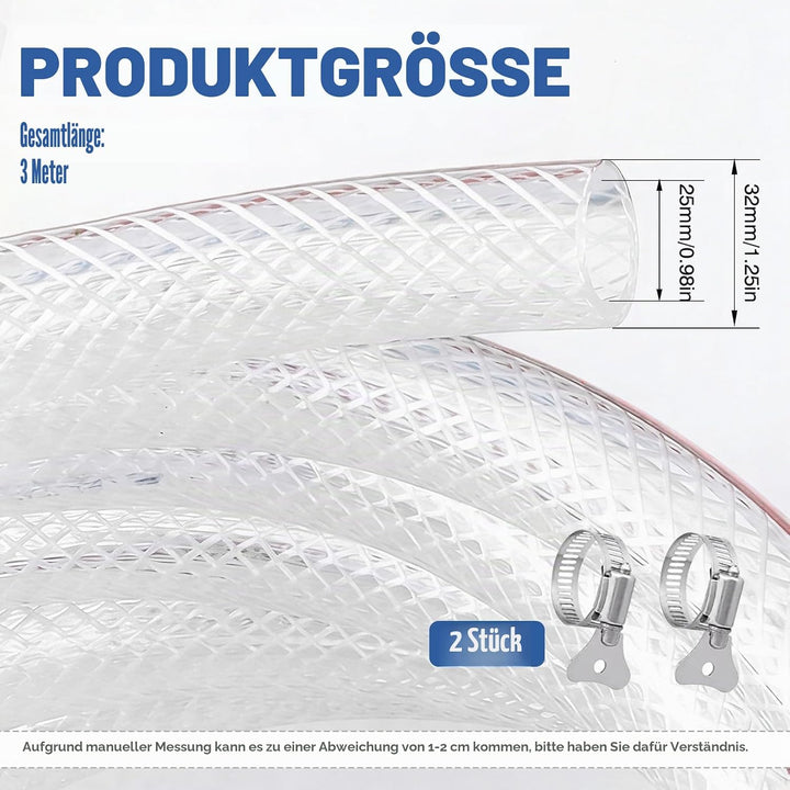 PVC Schlauch 25 x 32 mm – Klarer Geflochtener Saug- Und Druckschlauch Inkl. 2 Schlauchschellen, Flex