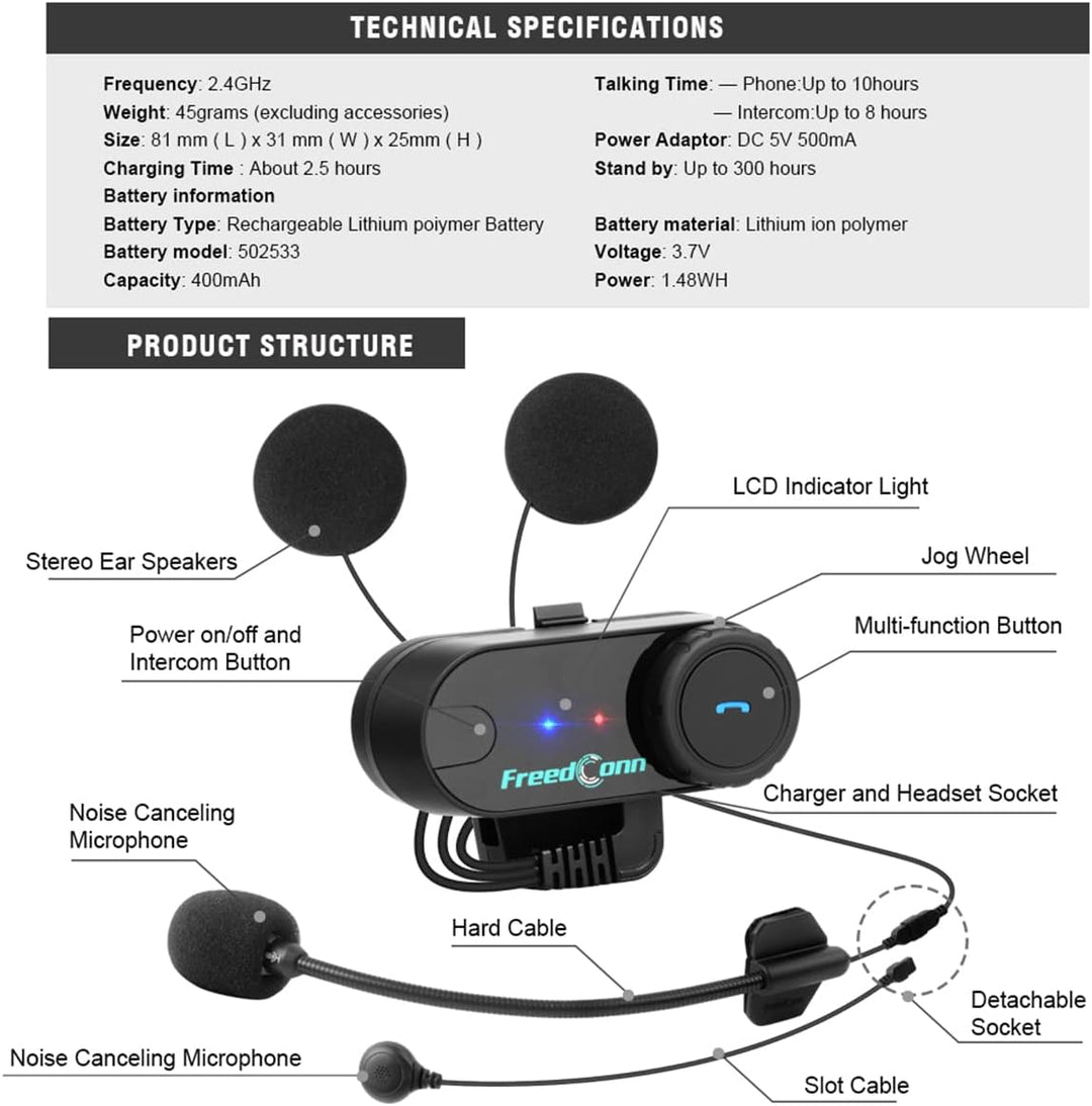 FreedConn T-COM VB Motorrad Bluetooth Headset, Helm Intercom, Kommunikationssystem für für Motorräde