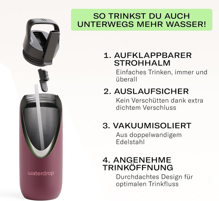 waterdrop® All Purpose Thermosflasche 600ml – Trinkflasche mit Strohhalm – isolierte Edelstahl, 24h