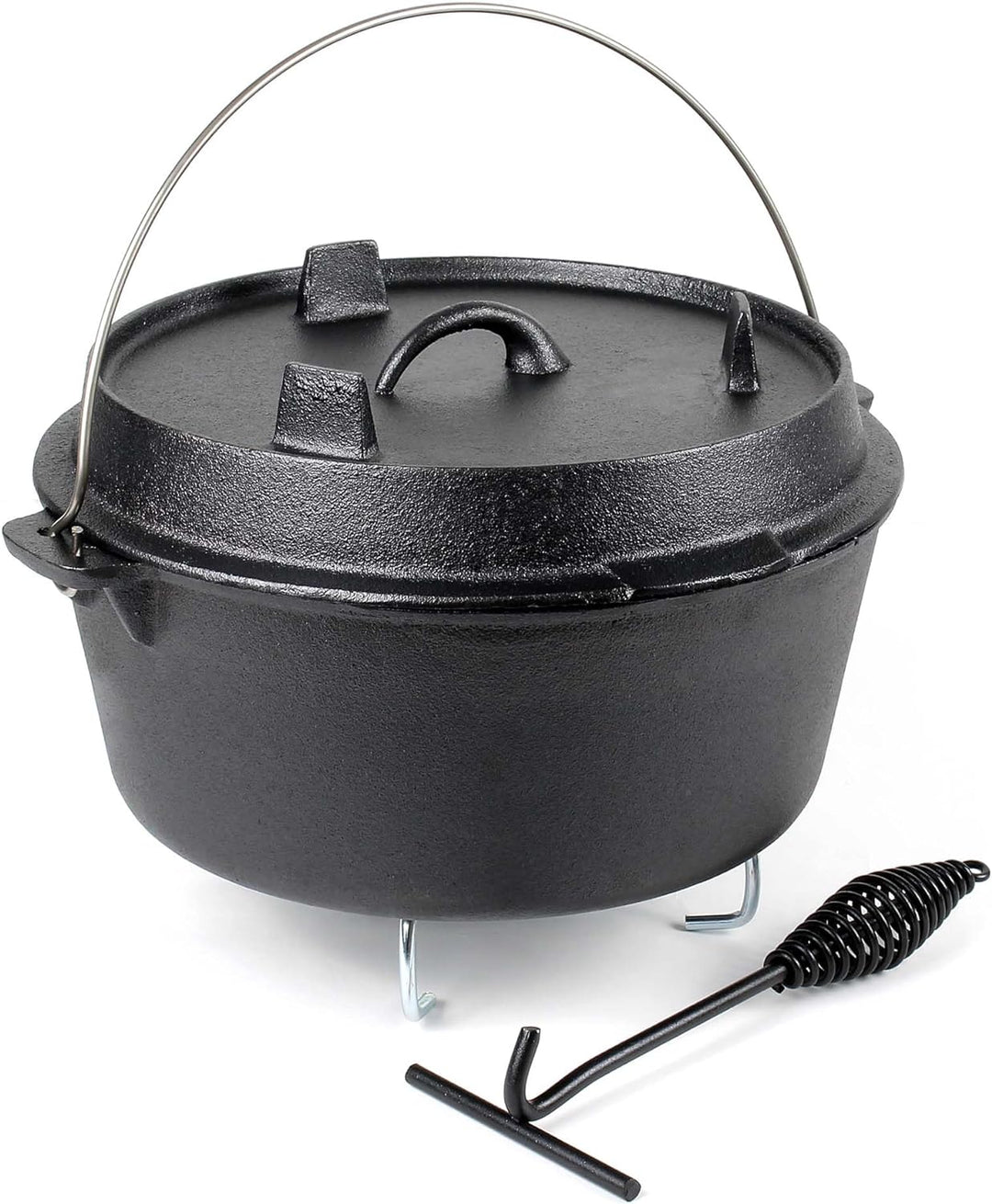 Dutch Oven 9l mit Untersetzer und Deckelheber, Kochtopf aus Gusseisen für Lagerfeuer und Camping