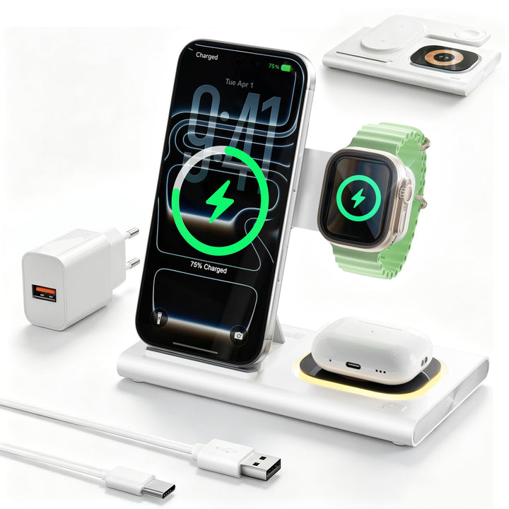 Aimtel 3 in 1 Ladestation für Apple Watch iPhone Faltbare&amp;Nachtlichter weiss, weiss