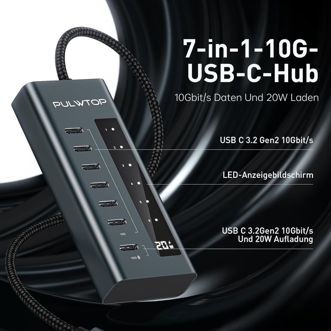 PULWTOP USB C Hub Aktiv,7 Ports USB C to C Hub mit Netzteil, PD 20W Output Charging and 10 Gbit/s 3.