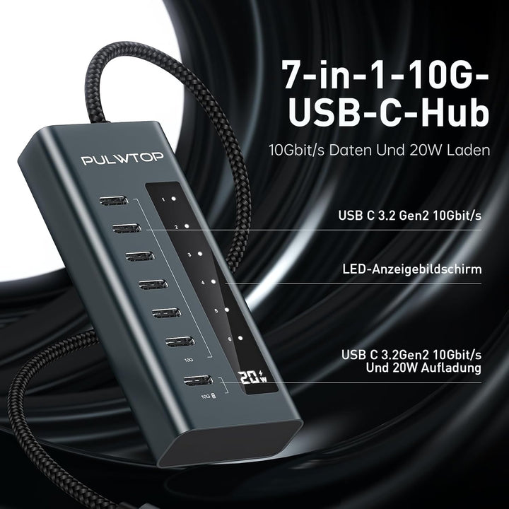 PULWTOP USB C Hub Aktiv,7 Ports USB C to C Hub mit Netzteil, PD 20W Output Charging and 10 Gbit/s 3.