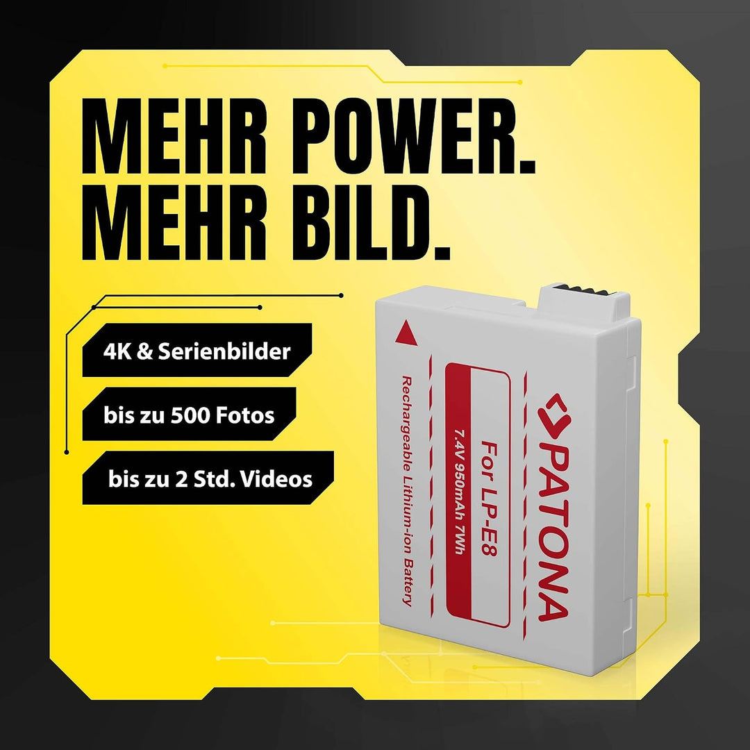 PATONA 2X Akku Ersatz für Canon LP-E8 LP-E8 Battery Pack 950mAh 7.4V 7Wh | Ersatzakku für EOS 550D 6