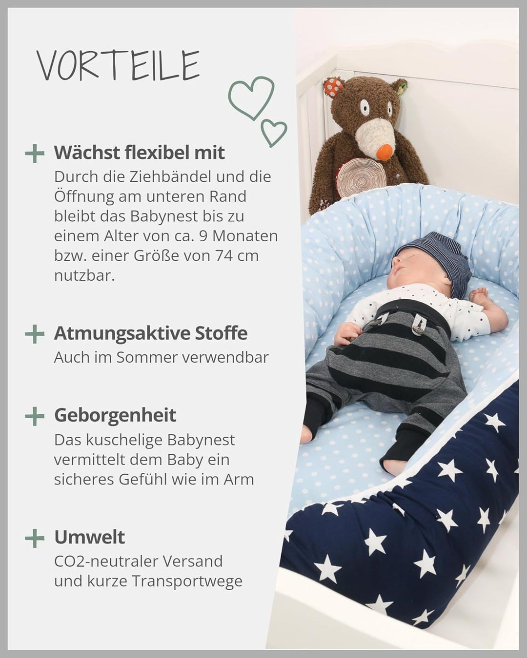 ULLENBOOM ® Babynest & Kuschelnest (55x95 cm) Blau Hellblau (Made in EU) - Baby Nestchen aus Baumwol