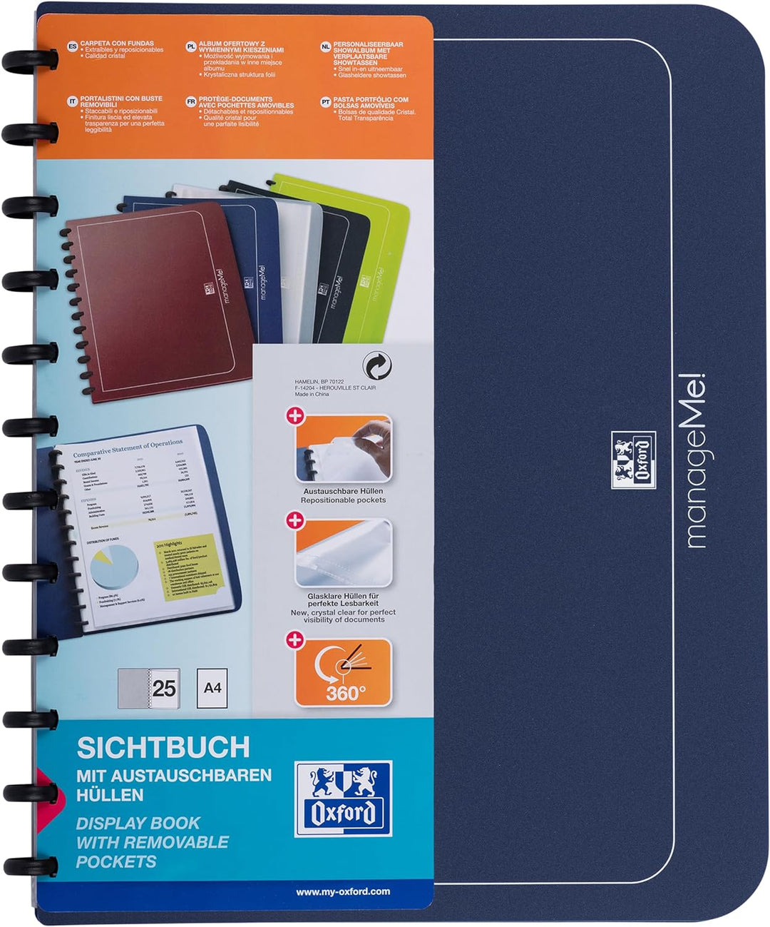 Oxford Ring-Mappe A4, manageMe, Sichtbuch mit 25 Hüllen, dunkelblau, 5er Pack dunkelblau 5er Pack Si