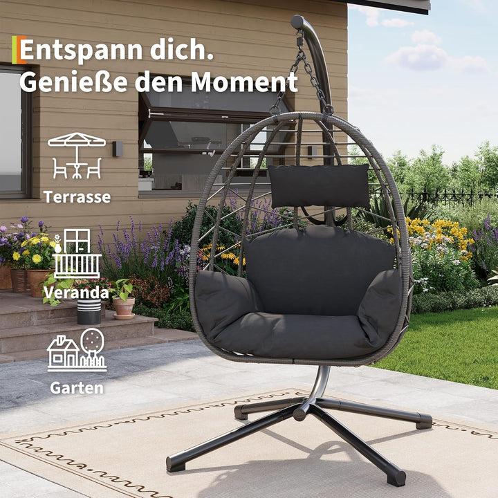 Hängesessel mit Gestell Outdoor bis 150 kg belastbar, Rattan Hängesessel mit Metallgestell, ideal al