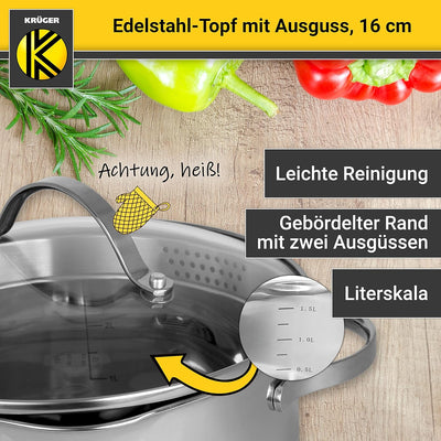 Krüger Edelstahl-Fleischtopf mit Ausguss - Kochtopf mit Ausgiesshilfen - mit Induktion - hitzebestän