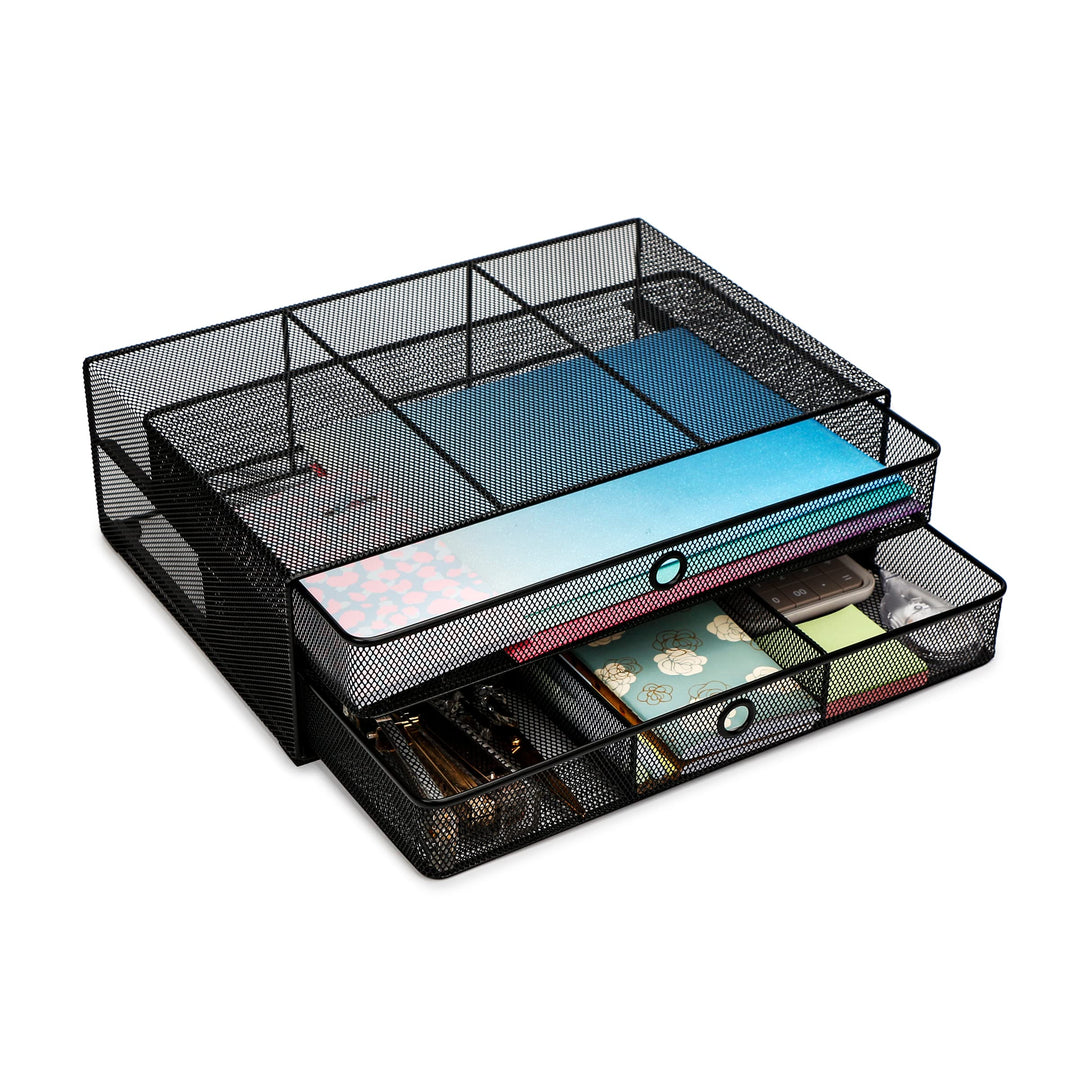 EXERZ Monitorständer mit Schubladen – 2-in-1-Schreibtisch-Organizer aus Mesh-Draht – Computer-Monito