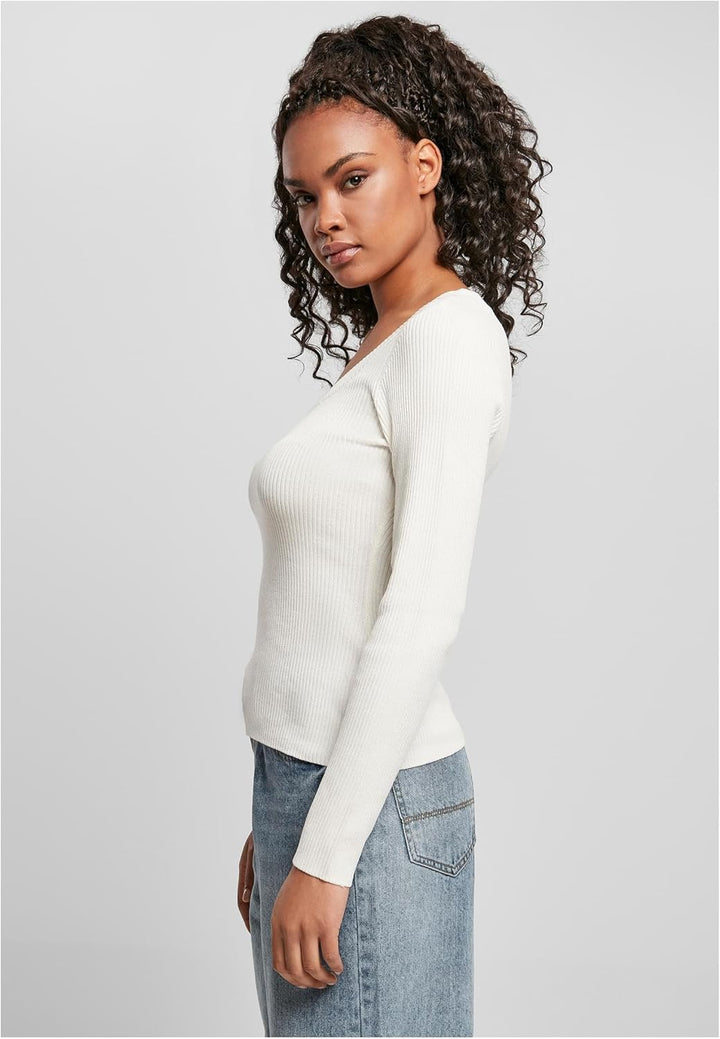 Urban Classics Damen Strickpullover Langarm mit weitem Ripp-Rundhalsausschnitt, leichtes Strick-Swea