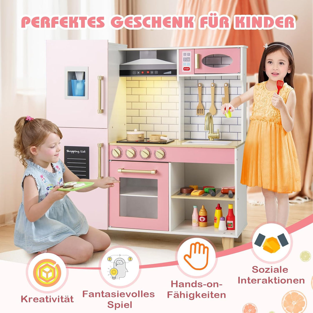 DREAMADE Kinderküche Holz mit 10 TLG. Zubehör, Holzküche Kinder Küche mit Herd Dunstabzugshaube Eism