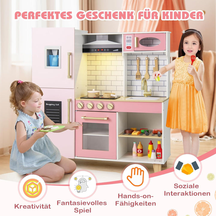 DREAMADE Kinderküche Holz mit 10 TLG. Zubehör, Holzküche Kinder Küche mit Herd Dunstabzugshaube Eism