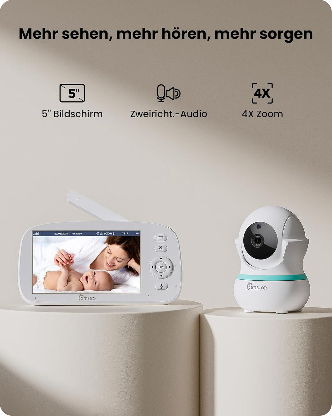 Babyphone mit 2 Kameras, 5000 mAh Akku mit 5 Zoll Bildschirm, 355° Schwenken- 4X-Zoom, Babyfone ohne