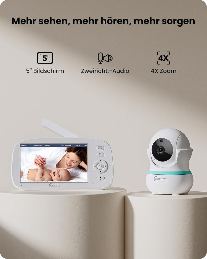 Babyphone mit 2 Kameras, 5000 mAh Akku mit 5 Zoll Bildschirm, 355° Schwenken- 4X-Zoom, Babyfone ohne