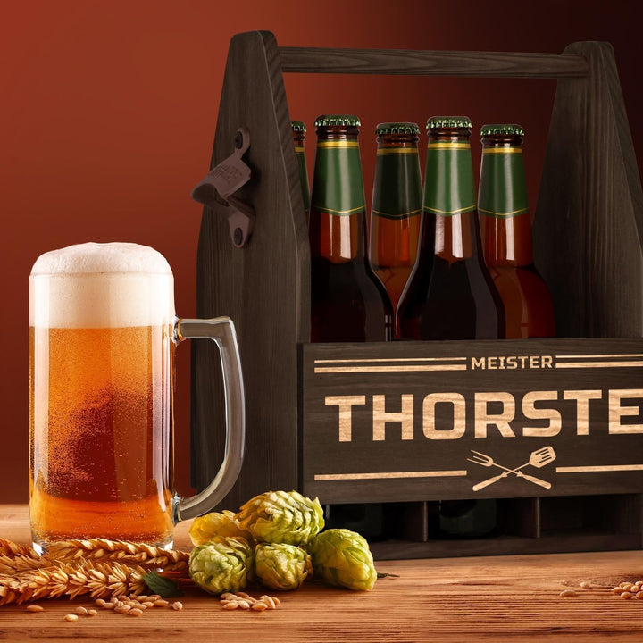Maverton Bierträger für 6 Flaschen 0,5L + Gravur - Männerhandtasche mit Flaschenöffner - Grösse: 25x