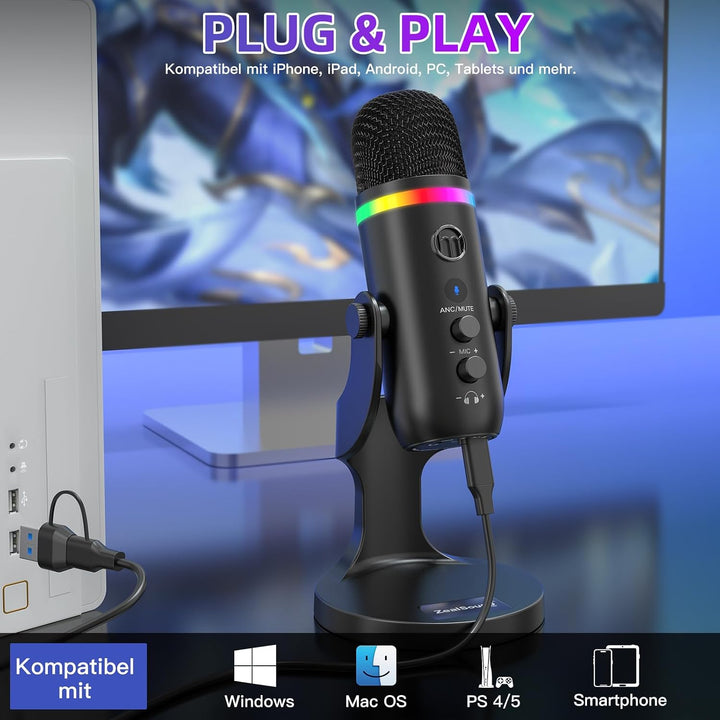 zealsound USB Gaming Mikrofon, RGB-Tischmikrofon für PC &amp; iPhone Handy, Rauschunterdrückung &amp; Schnel
