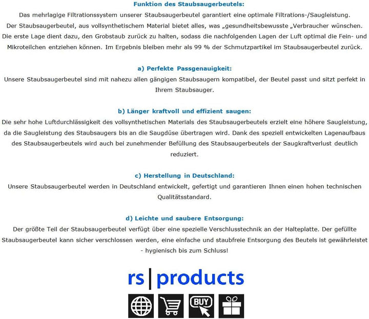rs-products I Staubsaugerbeutel kompatibel zu Swirl Y30 / Y 30-5X / 10x / 20x / 30x / 50x / 100x (50