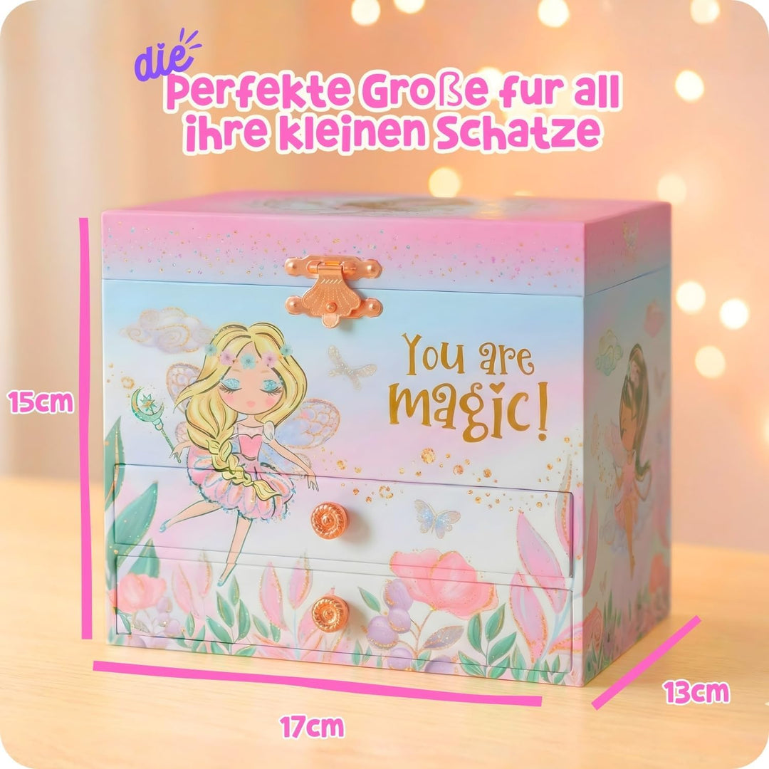 Giggle & Honey Musikalische Fee Schmuckkästchen für Mädchen - Kinder Musik-Box mit Fee und Spiegel,