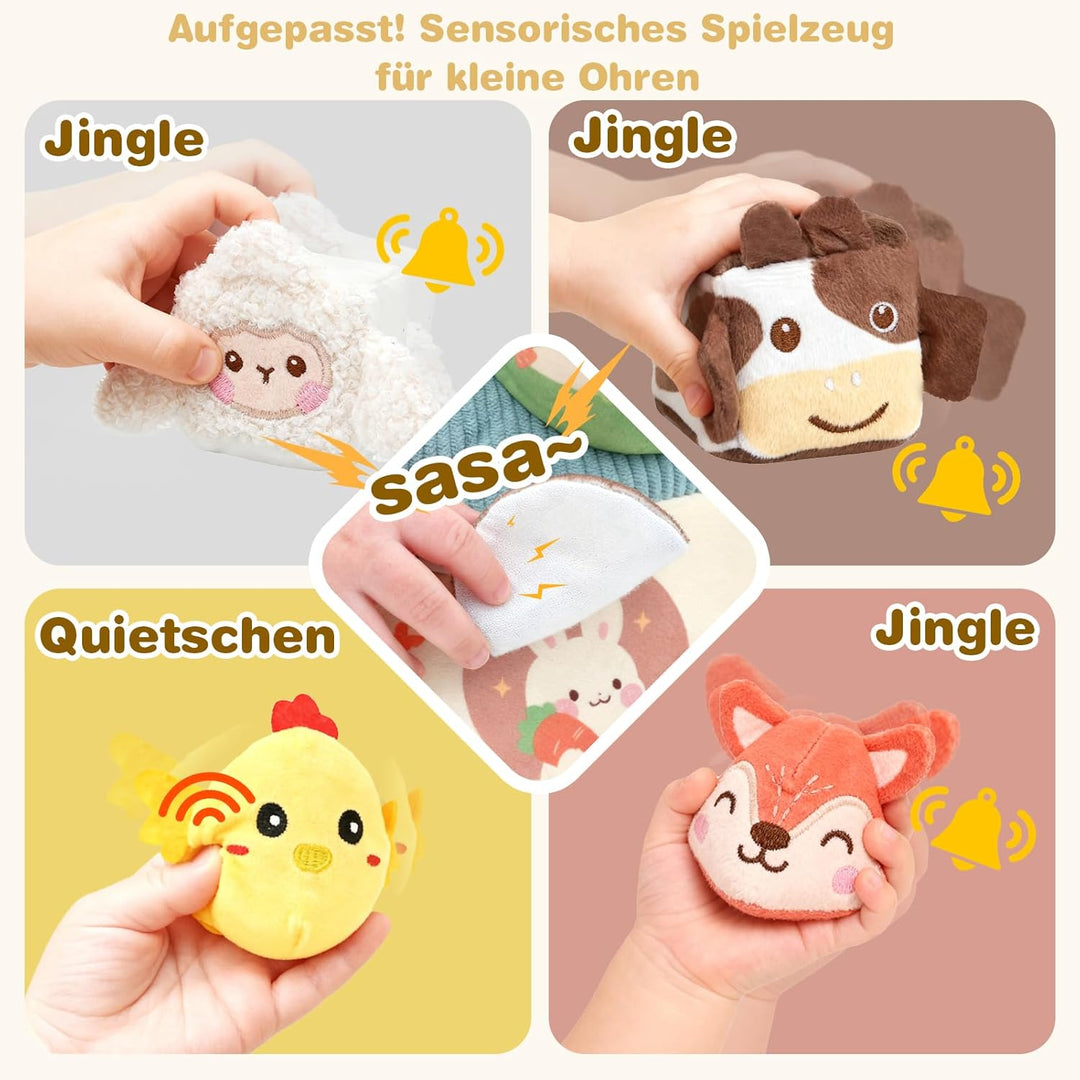 Montessori Baby Spielzeug ab 6 -12 Monate, Weiches Bauernhof-Set mit 5 Tieren, Rassel & Spiegel, Sen