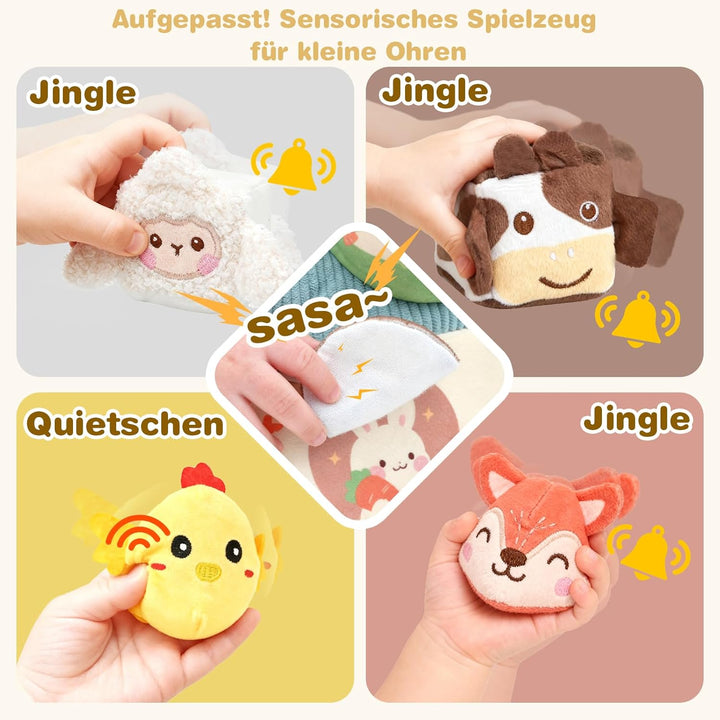 Montessori Baby Spielzeug ab 6 -12 Monate, Weiches Bauernhof-Set mit 5 Tieren, Rassel & Spiegel, Sen
