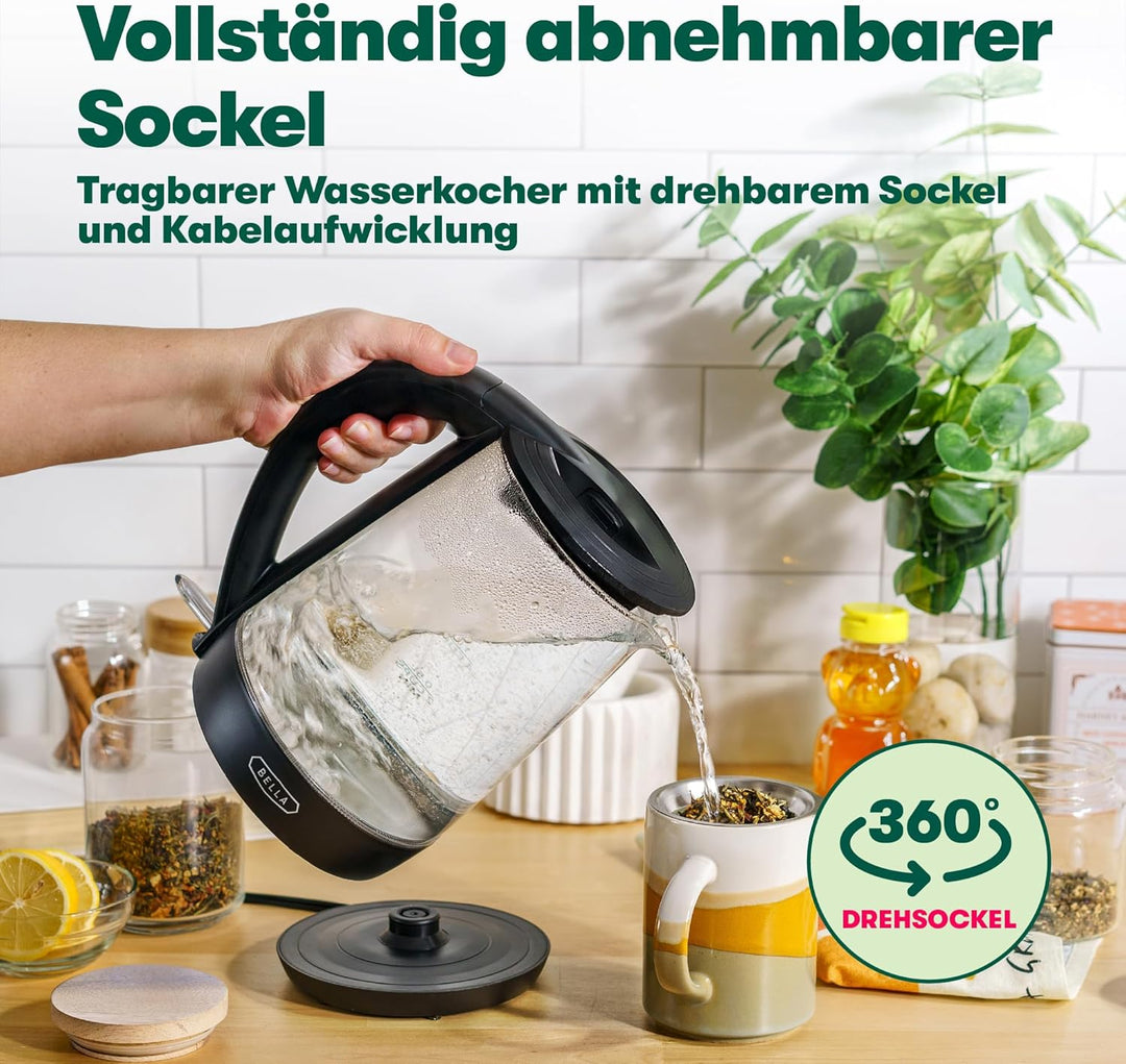 bella Elektrischer Wasserkocher, 1,7 l – Mobiler, schnurloser LED-Farbwechsel-Teekessel aus Klarglas