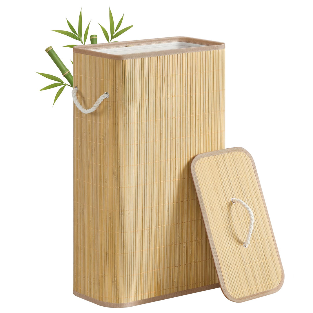 SONGMICS Wäschekorb mit Deckel, 60 L, Wäschesammler Bambus, rechteckig, Wäschebox mit Griffen, faltb