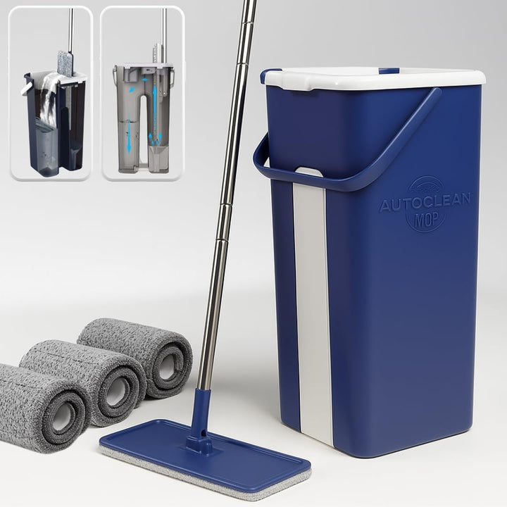STARLYF Autoclean Mop Set mit Eimer und Mopp + 3 Mikrofasertücher, Doppelfach, trocken/nass, alle Ar